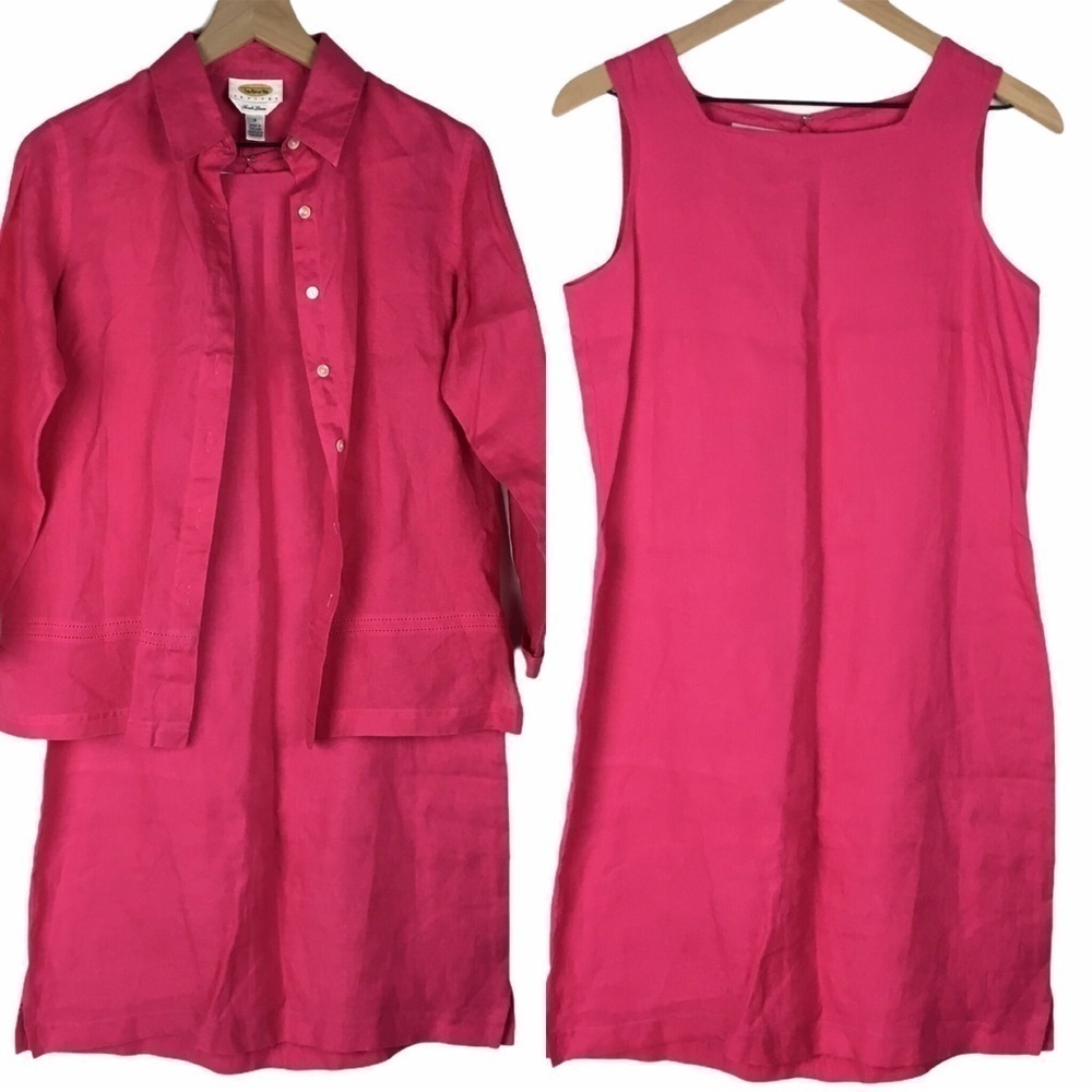 TALBOTS 100% Irish Linen Vintage Dress + Jacket Set  Hot Pink Petite Size 4P